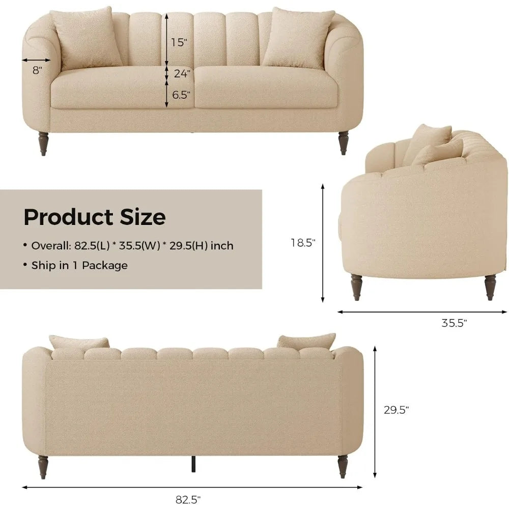 83” Modern Boucle Sofa, Minimalist Style Comfy Loveseat with 2 Pillows, Luxury 2 Seater Couch with Curved Armrest& Woode Leg