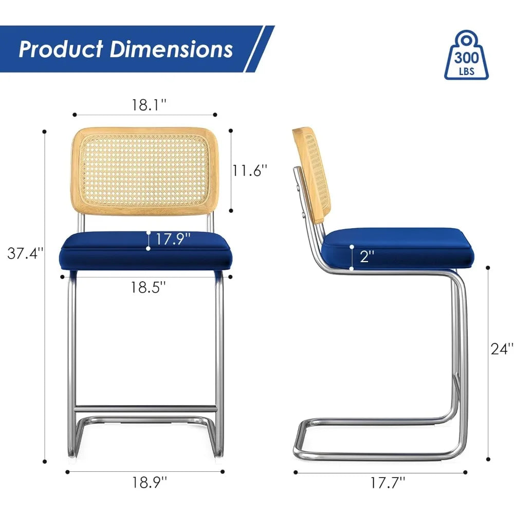 Counter Height Bar Stools Set of 2, Upholstered Velvet Barstools with Rattan Back, 24 inch Stools Armless Bar Chairs