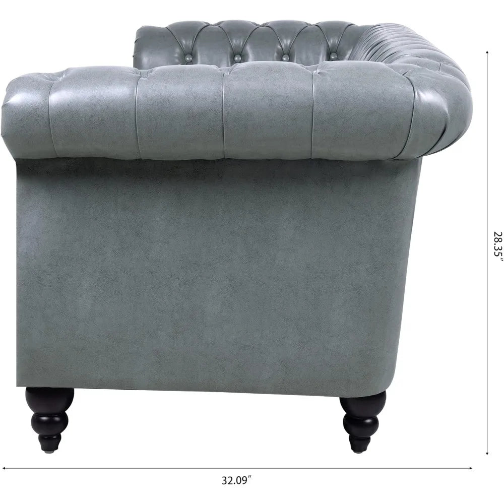 Chesterfield Sofas, 85" PU Couch,Tufted 3 Seats Living Furniture with Rolled Arm Stud Trim and Solid Wood Legs, Mid-Century Sofa