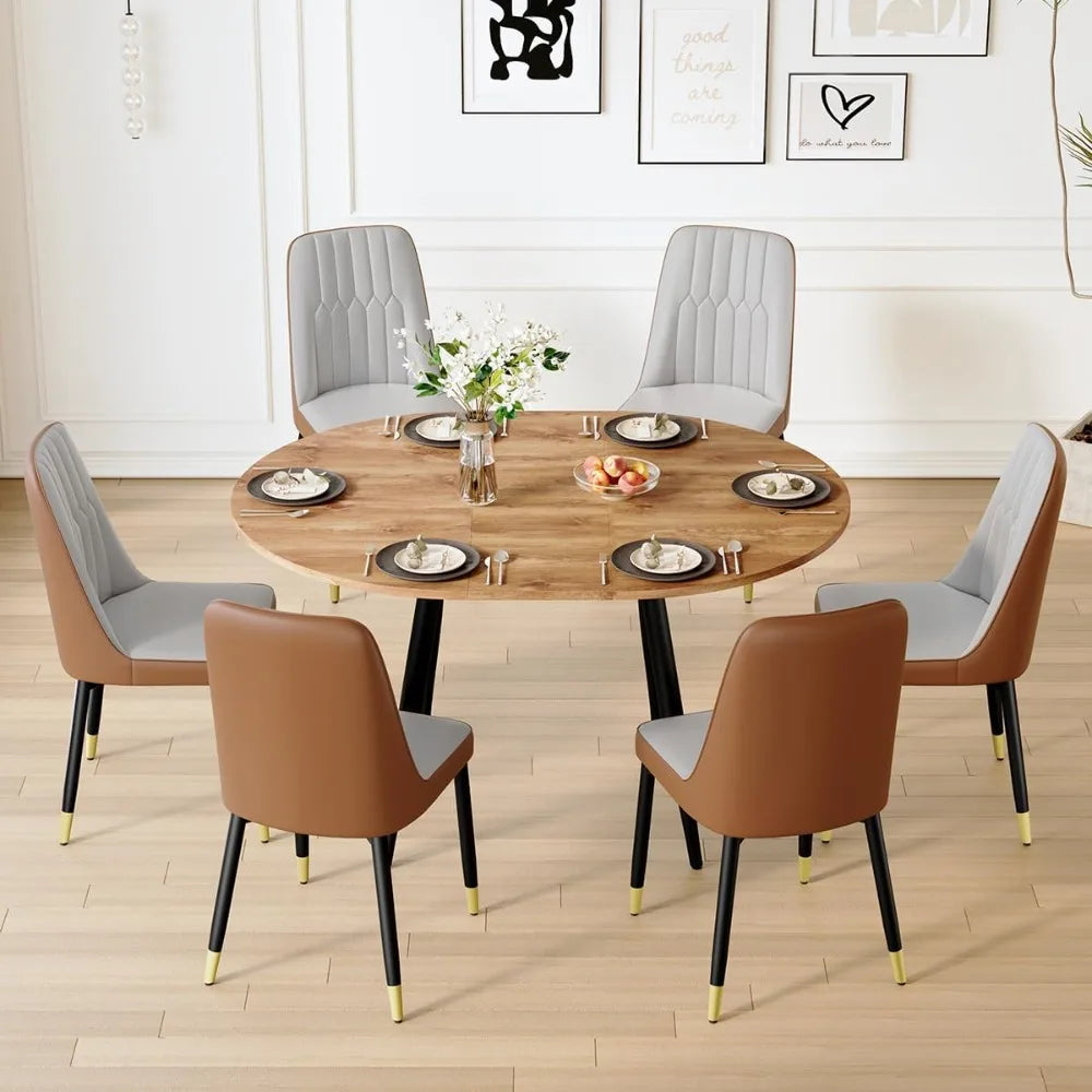 Wood Dining Table Set for 6｜ 42" Round to 54" Oval Dining Table Set for 6｜Wood Extendable Dining Room Table with Thick Cushion
