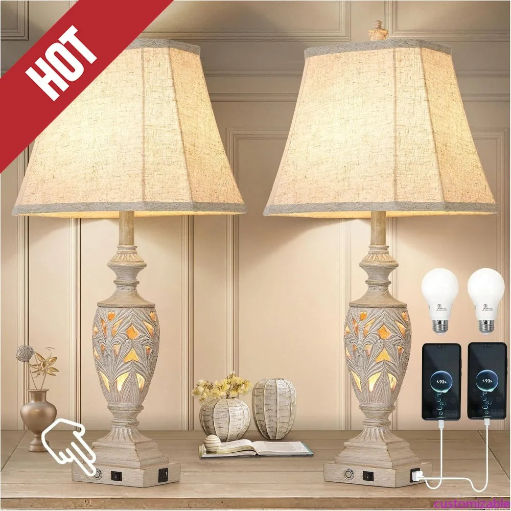 Customizable-29.5"H Touch Control Traditional Table Lamp Set Of 2,Vintage Bedside Lamp Nightstand Lamps With Dual USB Ports,3-Wa