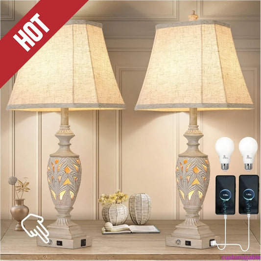 Customizable-29.5"H Touch Control Traditional Table Lamp Set Of 2,Vintage Bedside Lamp Nightstand Lamps With Dual USB Ports,3-Wa