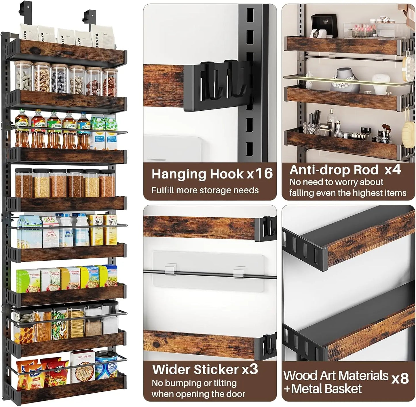 8 Tier Over The Door Pantry Organizer, 2 IN 1 Wall Mount or Metal Hanging Spice Rack for Pantry Organizers and Storage