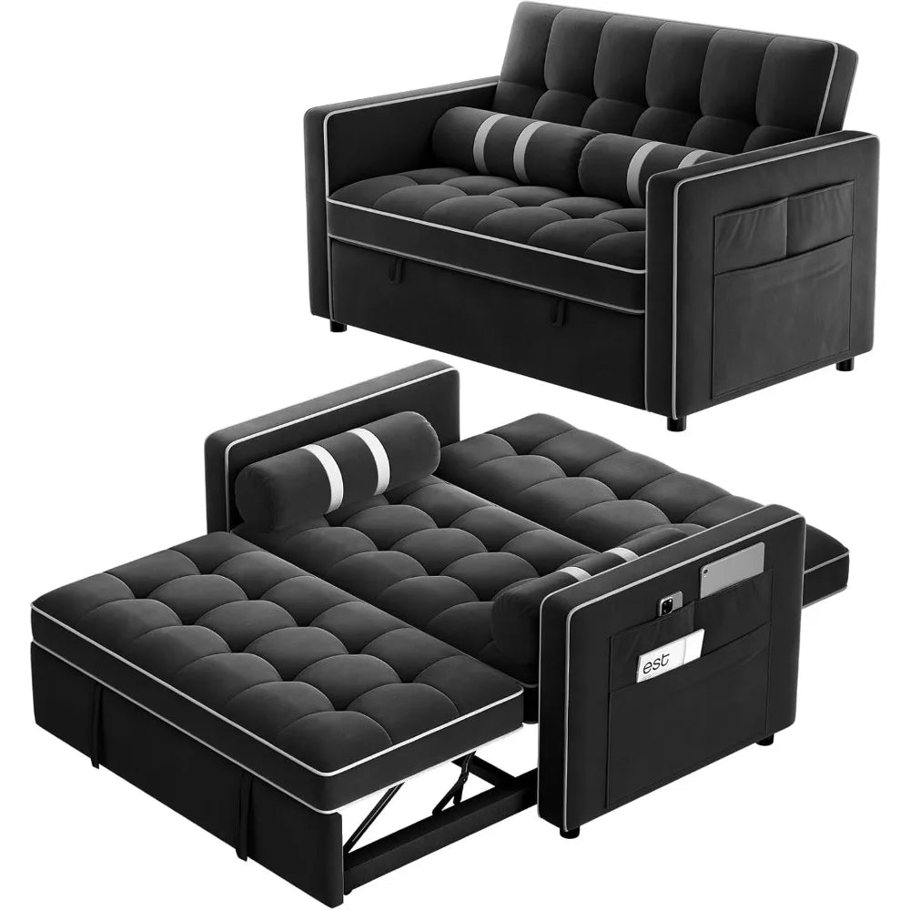 3 in 1 Convertible Sleeper Sofa Bed,Pull Out Couch for Living Room with USB Ports & Side Pockets,Adjustable Backrest,Velvet,Lov