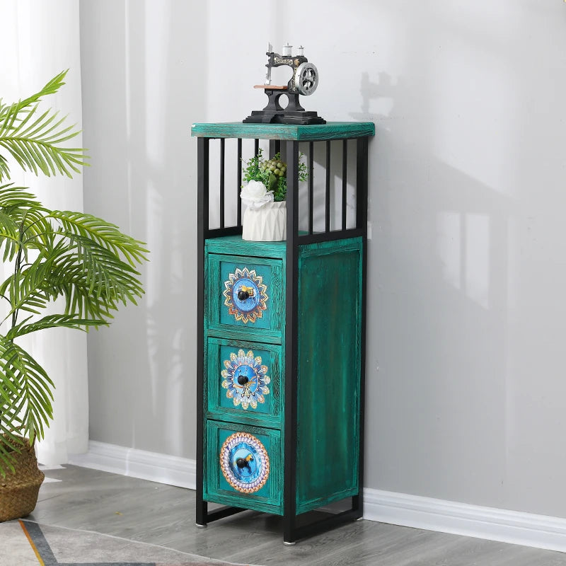 American Vintage Narrow Wooden Side Cabinet‌ Hand-Painted Slim Space-Saving Storage for Living Room Artistic Multi-Drawer Chest