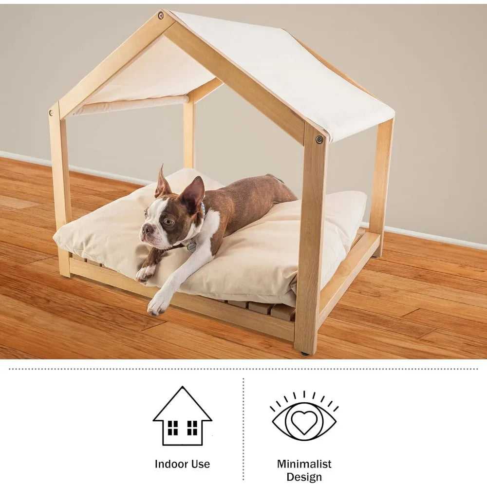 Dog House - 30x24-Inch Indoor Dog House with Soft Cushion and Adjustable Canopy - Wood Dog Furniture for Small to Medium Pets up