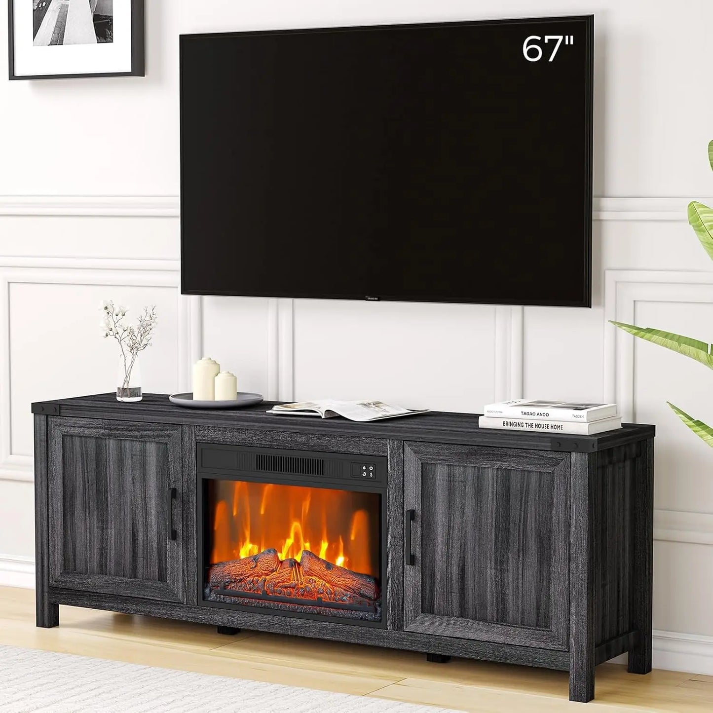 67" TV Stand With 23" Electric Fireplace 3D Flame Remote Control & Storage Cabinets Modern Entertainment Center For Home Decor