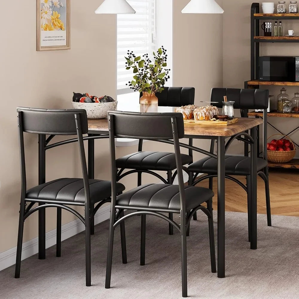 4 Person Dining Table Set with Cushioned Chairs, Kitchen Dining Table Set, Metal and Wood Rectangular Dining Table