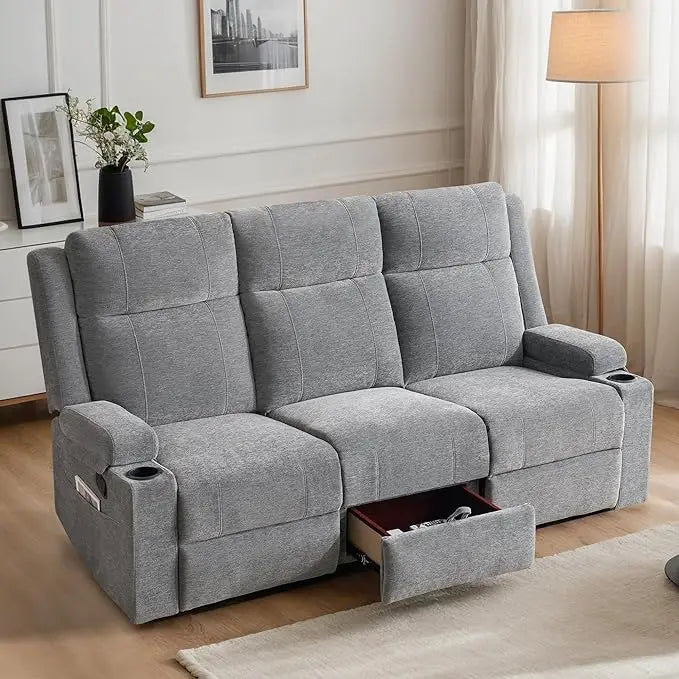 Manual Reclining Sofa with Storage Drawer, 3 Seat Wall Hugger Recliner Couch with Cup Holders, Side Pockets