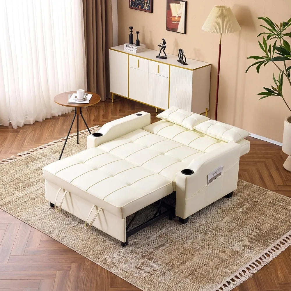 Beige Loveseat Sleeper Sofa, Convertible Futon Sofa Bed Faux Leather Pullout Couch Bed with USB Ports, Cup Holders, Armre