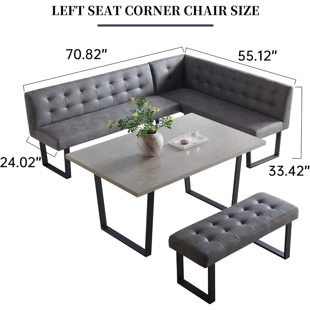 3 Piece Dining Table Set with Bench, 42.9 Inch Modern Kitchen Table with Left Seat Corner and 43.3 Inch Bench for Family Dining