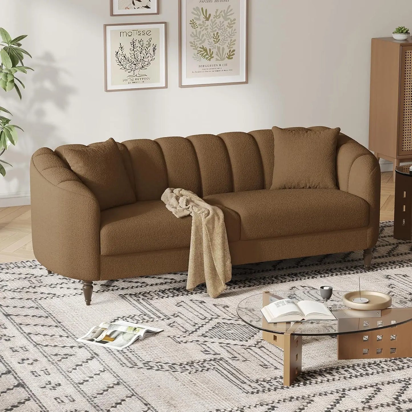 83” Modern Boucle Sofa, Minimalist Style Comfy Loveseat with 2 Pillows, Luxury 2 Seater Couch with Curved Armrest& Woode Leg