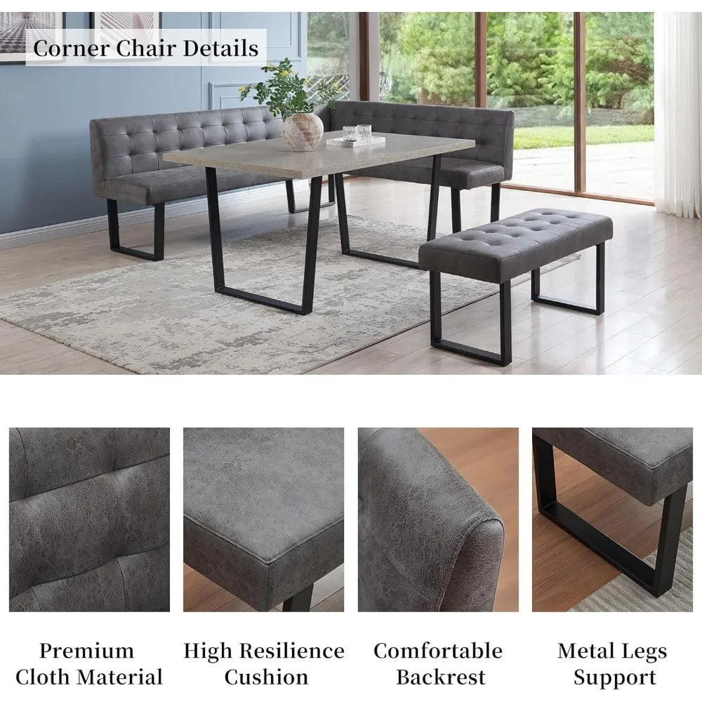 3 Piece Dining Table Set with Bench, 42.9 Inch Modern Kitchen Table with Left Seat Corner and 43.3 Inch Bench for Family Dining