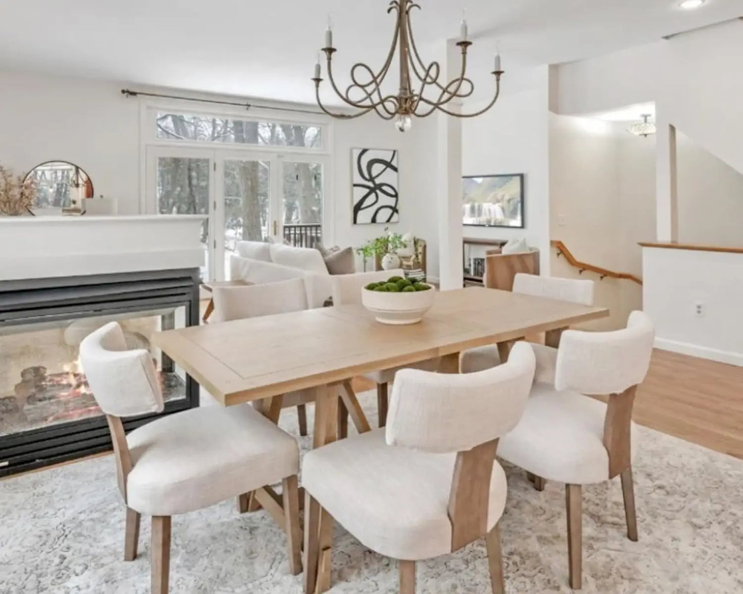 Mid Century Modern Dining Chairs Set of 6, Farmhouse Linen Fabric Upholstered Accent Curved Backrest Kitchen Chairs, with Ha