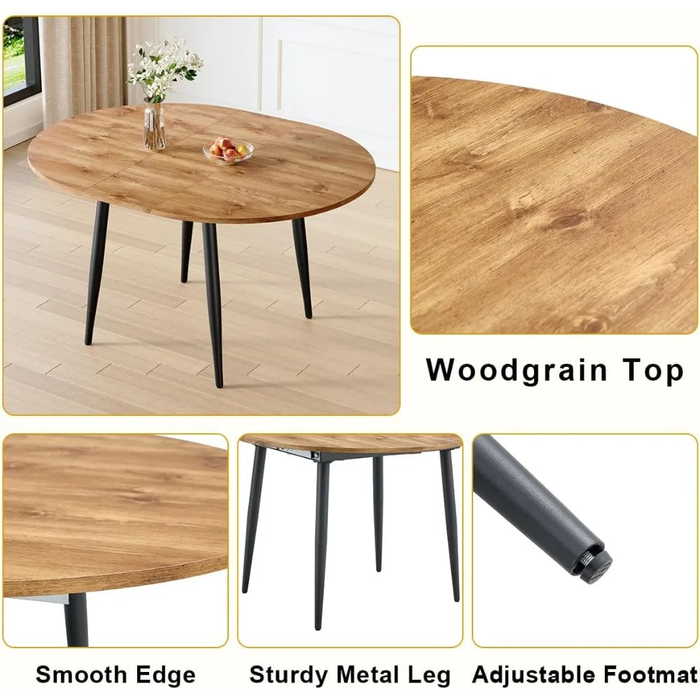 Wood Dining Table Set for 6｜ 42" Round to 54" Oval Dining Table Set for 6｜Wood Extendable Dining Room Table with Thick Cushion