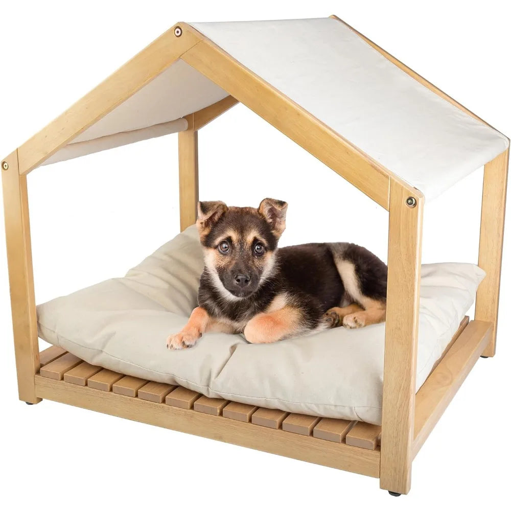 Dog House - 30x24-Inch Indoor Dog House with Soft Cushion and Adjustable Canopy - Wood Dog Furniture for Small to Medium Pets up