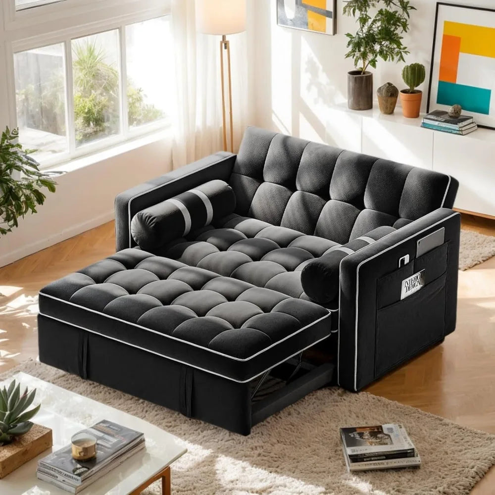 3 in 1 Convertible Sleeper Sofa Bed,Pull Out Couch for Living Room with USB Ports & Side Pockets,Adjustable Backrest,Velvet,Lov