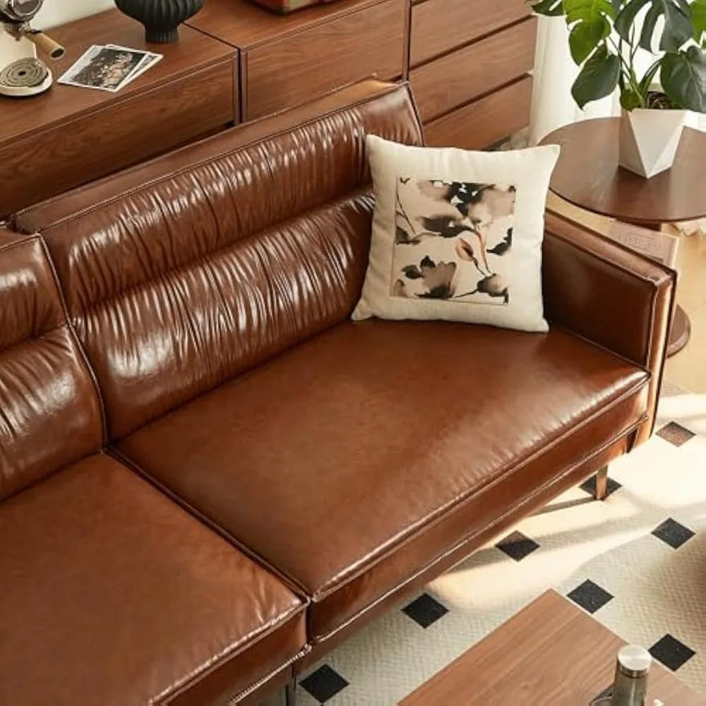 Mid-Century 3-Seater Leather Sofa with Removable Backrest and Cushions, Vintage Modern Lounge Couch for Office, Apartment