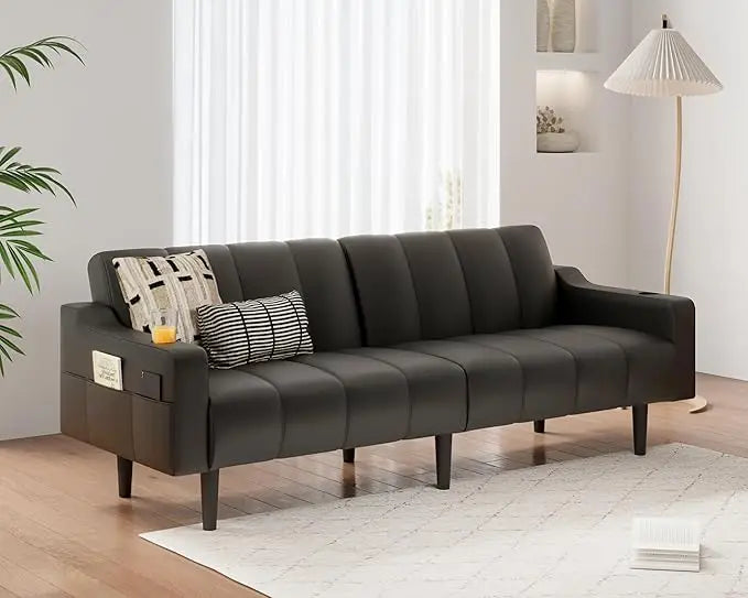 80'' Futon Sofa Bed, Faux Leather Sleeper Couch, Convertible Loveseat with Adjustable Sofa Backrest, Modern Couches for Living