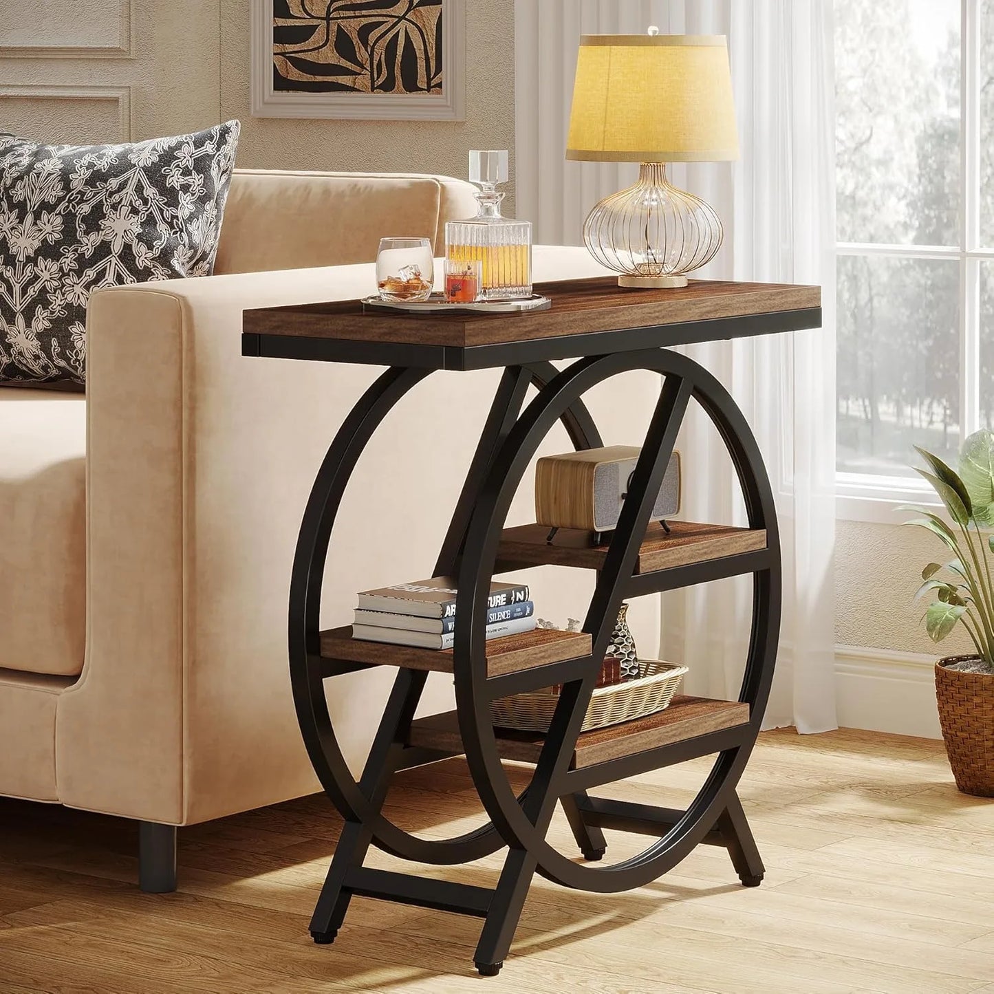 3-Tier Narrow Side Table with Storage, Wood Sofa Side Table with Geometric Metal Frame, Nightstand  for Bedroom, Living Room