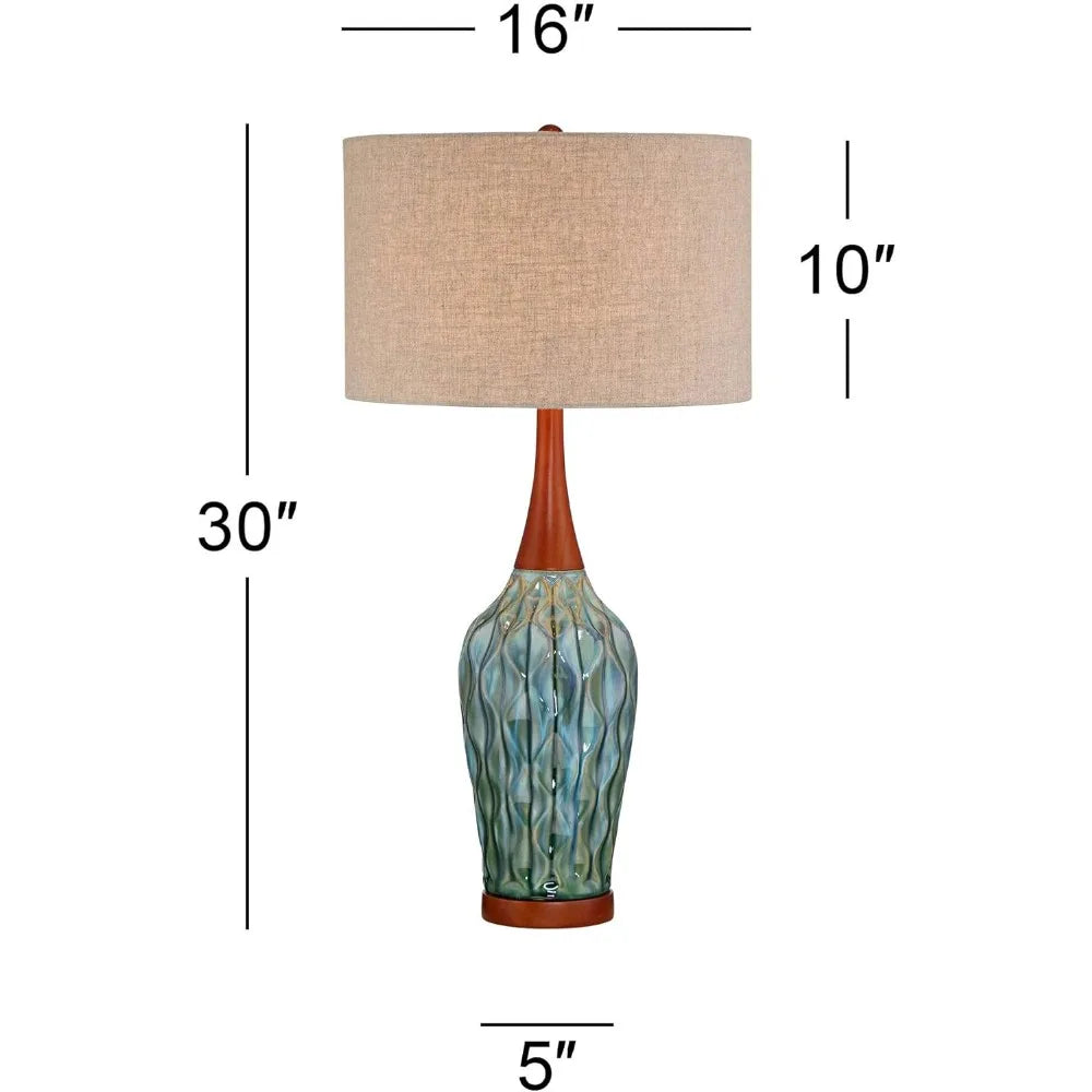 360 Lighting Rocco Mid Century Modern Table Lamp 30" Tall Ceramic Blue Teal Glaze Wood Handmade Linen Drum Shade Decor for Livin