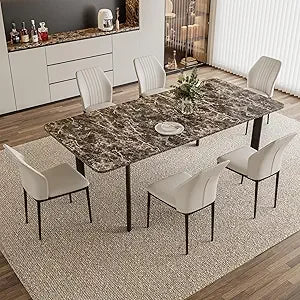 Extendable Dining Table Set for 6-8 People, 63 to 78.7 Inch MDF Kitchen Table with 6 Upholstered Chairs, Space-Saving for Dining