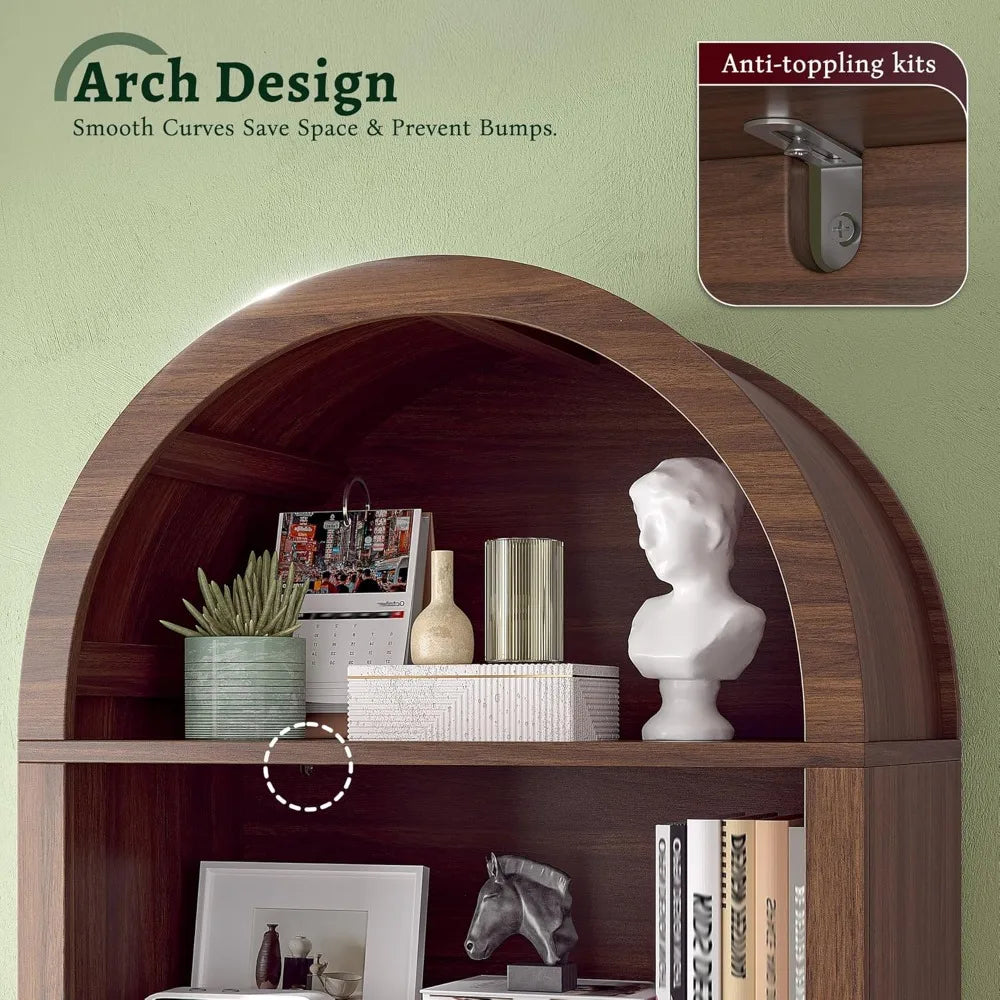 6-Tier Tall Arched Wooden Bookcase with Fluted Doors and Adjustable Shelves for Storage and Display