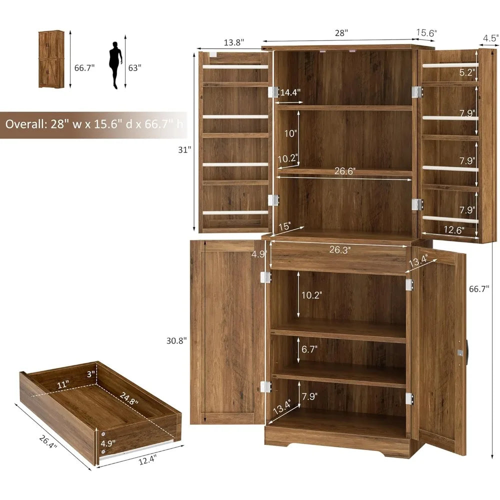 Kitchen Pantry Cabinet, Freestanding Farmhouse Storage Cabinet with 8 Door Shelves, 2 Cabinets and 1 Drawer