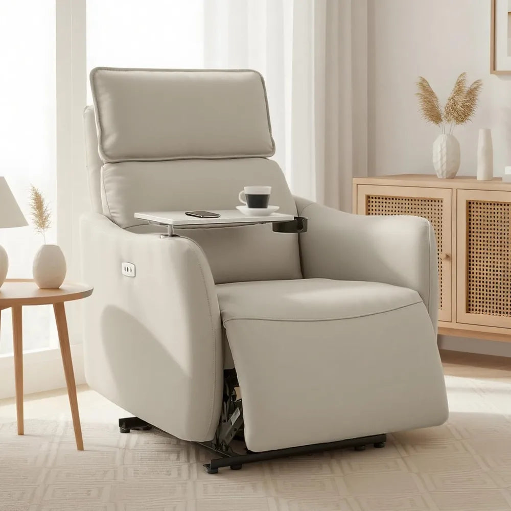Lune Genuine Leather Power Recliner Chair with Tray Table & Adjustable Headrest, Real Leather Electric Recliner
