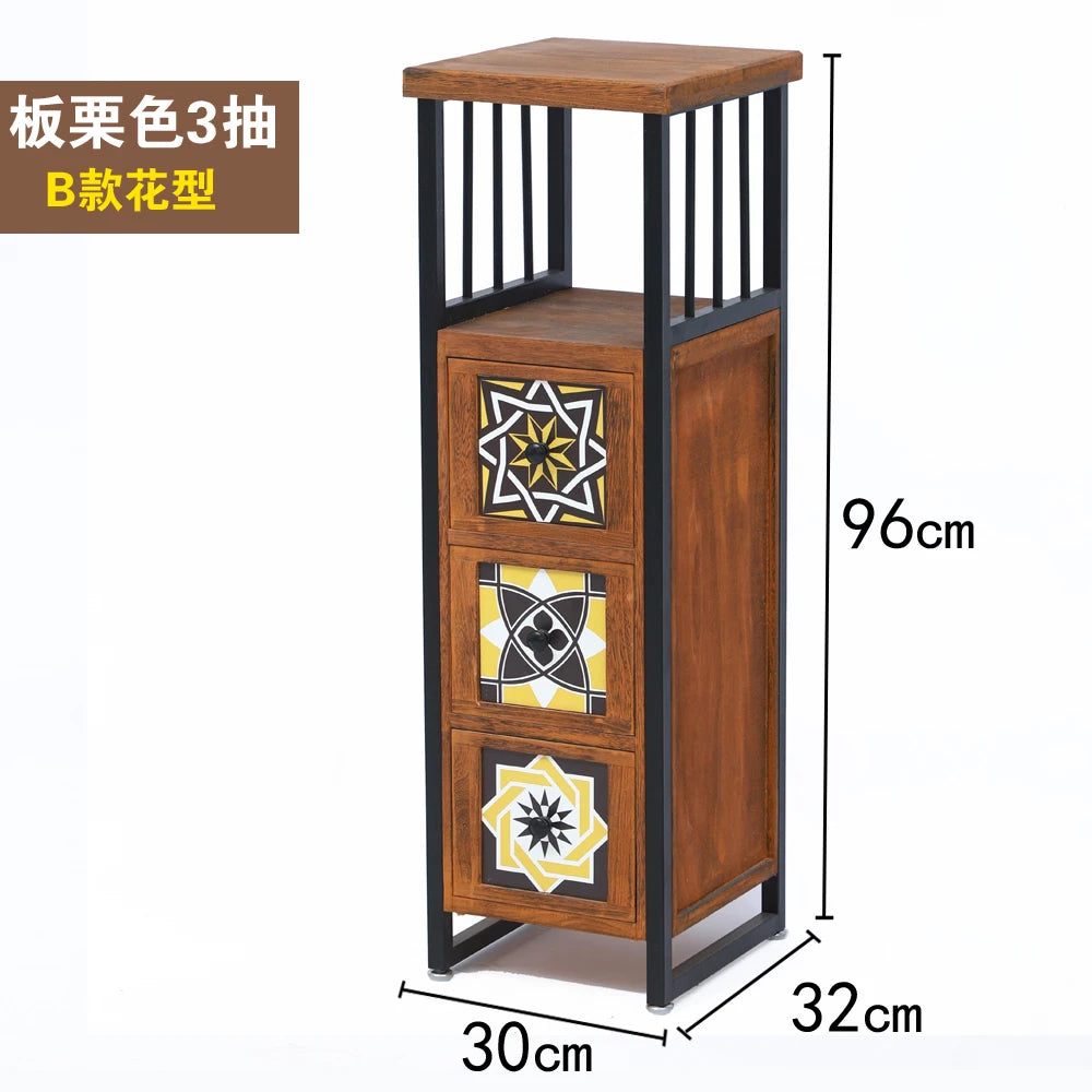 American Vintage Narrow Wooden Side Cabinet‌ Hand-Painted Slim Space-Saving Storage for Living Room Artistic Multi-Drawer Chest