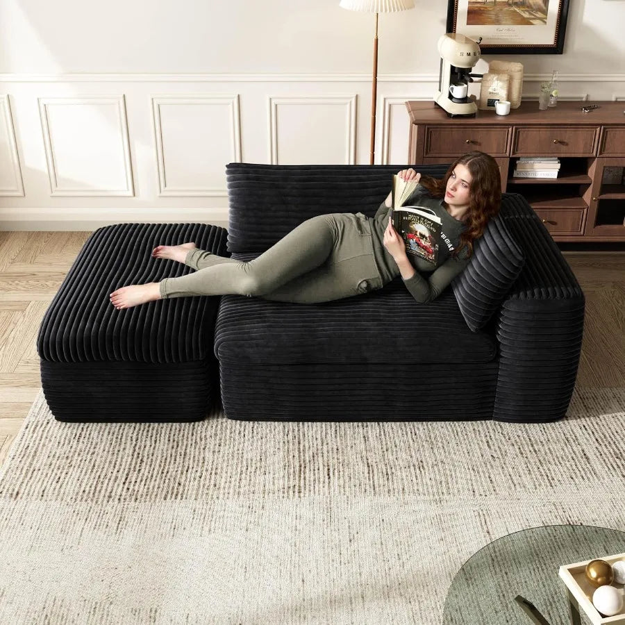 85'' Living Room Sectiol Couch with Double Layer Black Plh Corduroy Fabric 2 Seater Boneless L Shaped Cloud Couch in a Box No A