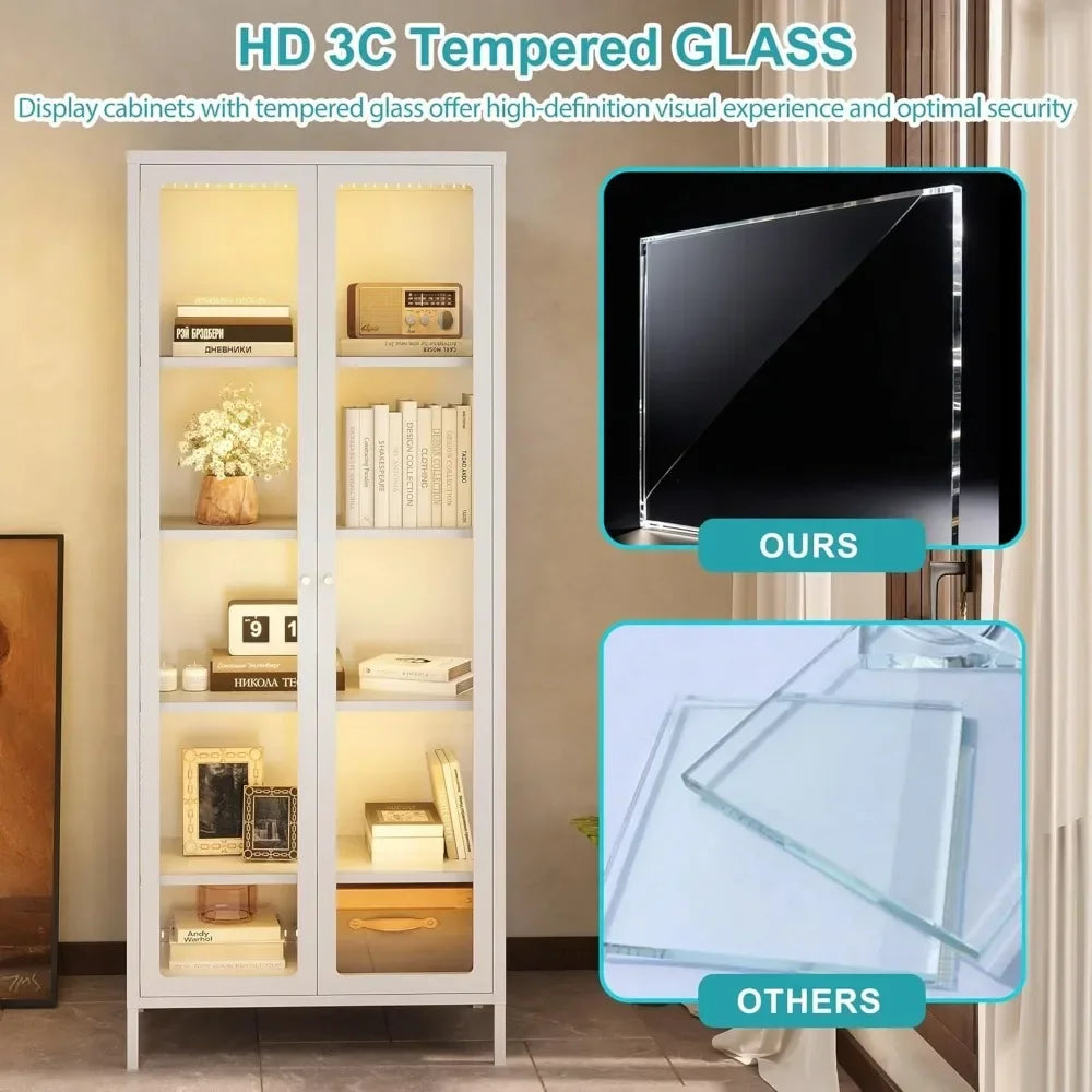 Curio Cabinets with Glass Doors, 67" 5 Tier Glass Display Cabinet with 12 Color RGB Lights & 4 Adjustable Shelves