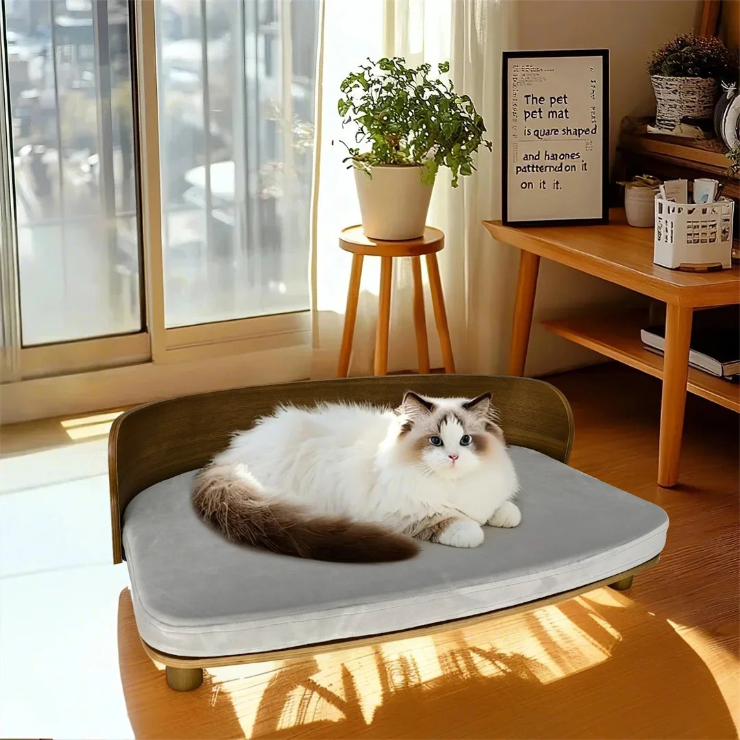 Indoor Wooden Elevated Dog Cat Bed Sofa Couch Puppy Stool Bed with Cozy Sponge Pad for Small Cats and Pup