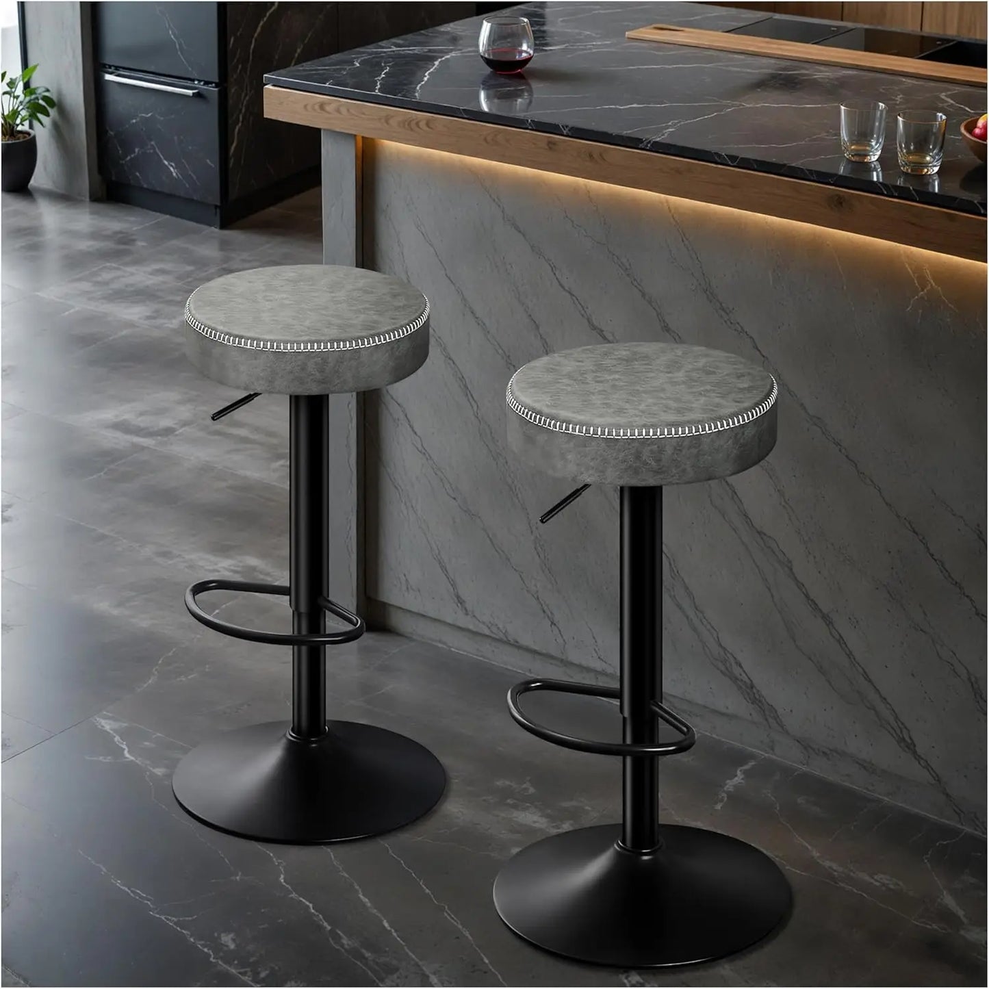 Adjustable Bar Stools Set of 2 Backless Kitchen Barstools with Round Seat 360°Swivel Counter Height Bar Stools Modern Microfiber