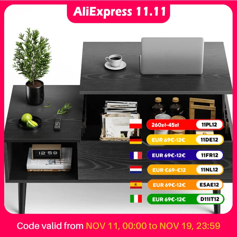 JHK Lift Top Coffee Tables For Living Room 39.37"x19.7" Desk Tea Wood Dining Tables Adjustable Storage Shelf Easy Lift Or Lower