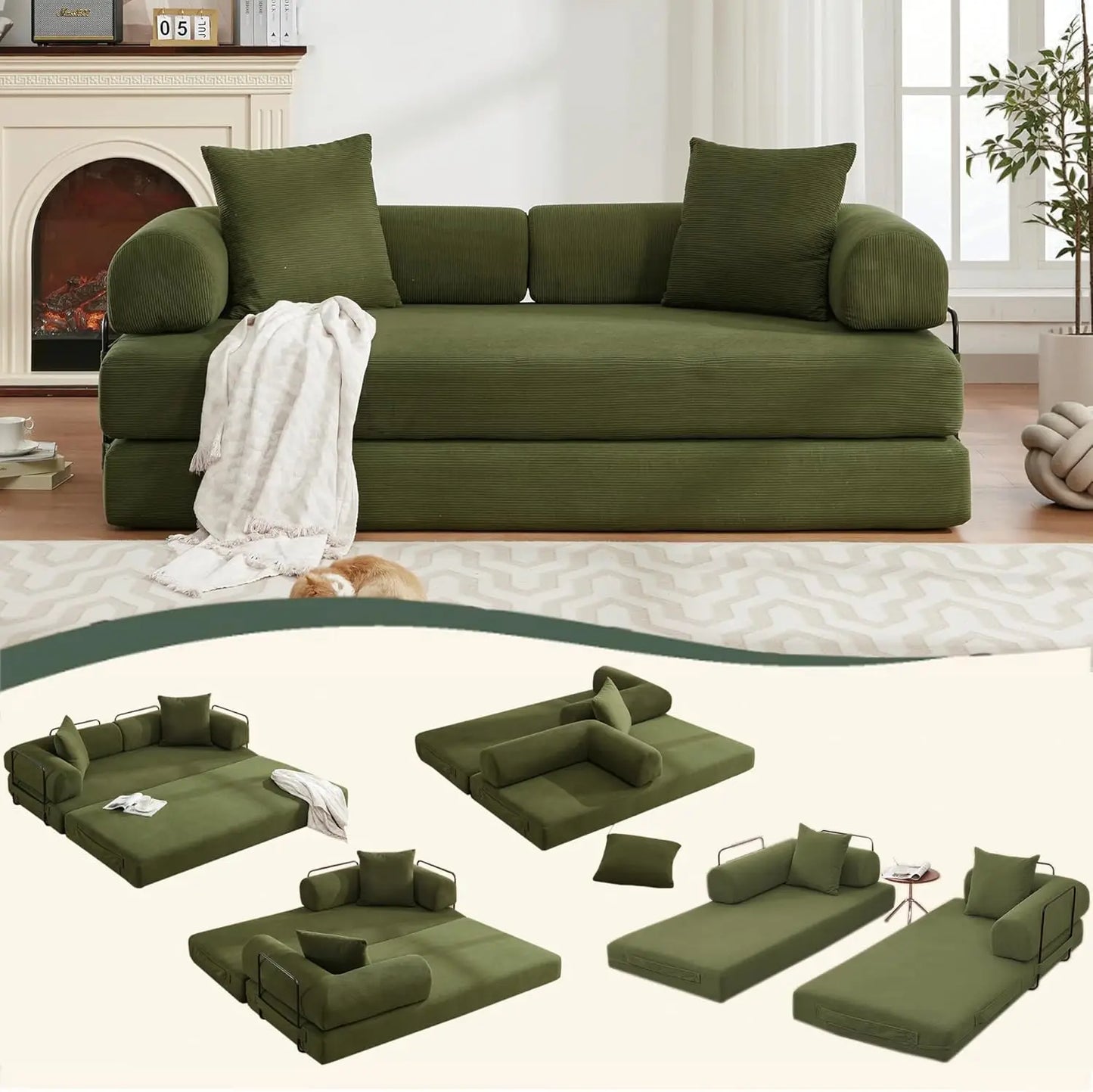 Sleeper Sofa Bed,4-in-1 Convertible Folding Boneless Couch,Foldable Love Seat with Blanket Pillow Corduroy Floor Futon Couch