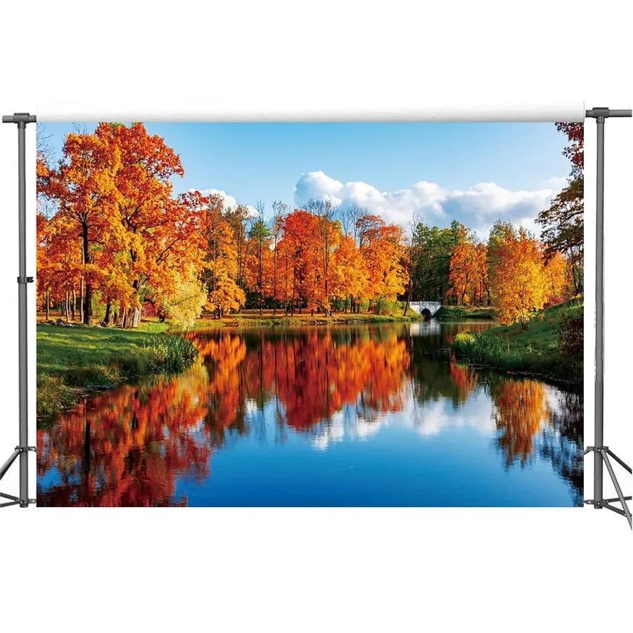 Yeele 10x8ft Natural Lake Scenery Backdrop Autumn Golden Tree Blue River Outdoor Landscape Photography Background Countryside V