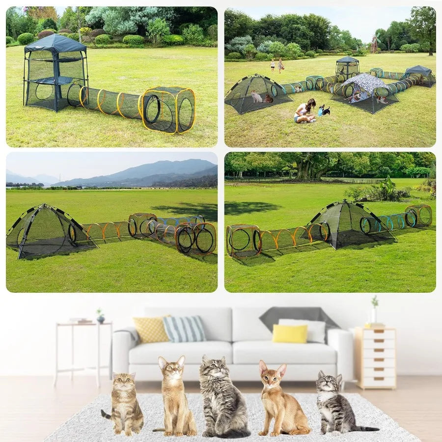 Cat Play Tunnel + Cube with Three Ways for Indoor and Outdoor Kitty Play House Cat Enclosures Collapsible Kitty Tent Kitten Toy