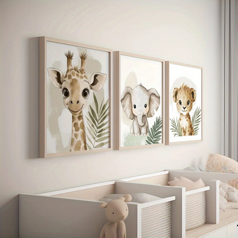 3pcs Safari & Jungle Animal Canvas Prints Set - Frameless Wall Art for Nursery, Living Room, Bedroom Decor, Safari Room Decor