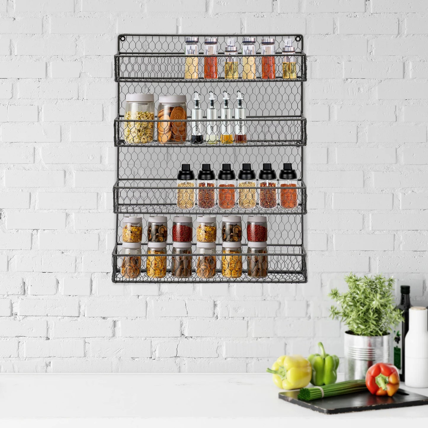 4-Tier Iron Wall Mounted Spice Rack,Black Rectangle Kitchen Spice Rack 43*6*53cm for Store Spice Jars