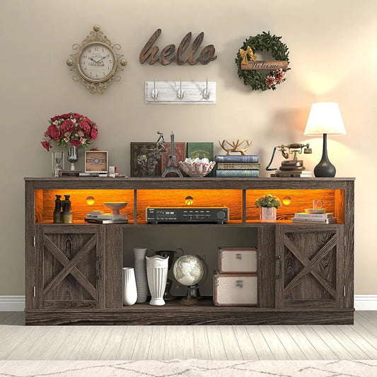 Farmhouse TV Stand for 80" TVs, 32" High Entertainment Center with LED Lights, Barn Door Adjustable Shelves