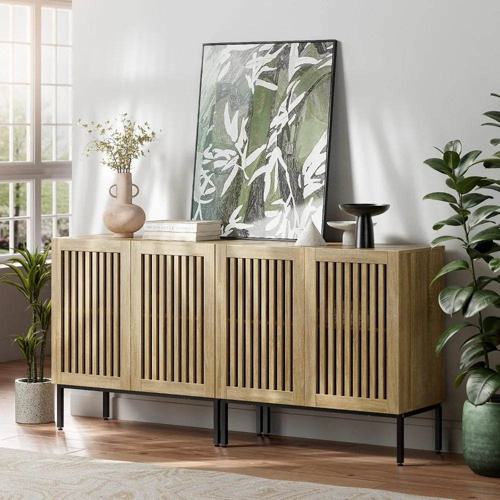 63 Farmhouse TV Stand, Entertainment Center with Metal Base & Adjustable Shelves, 2 in 1 TV Console with 4 Doors