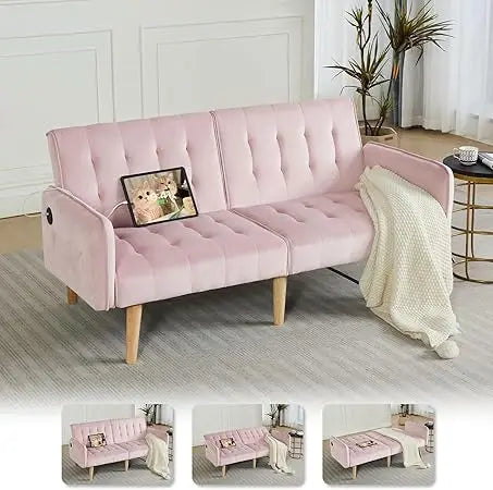 65“ Convertible Futon Sofa Bed w/ 2 USB, Upholstered Tufted Small Adjustable Folding Couch Loveseat, Modern Mid Century Sleeper