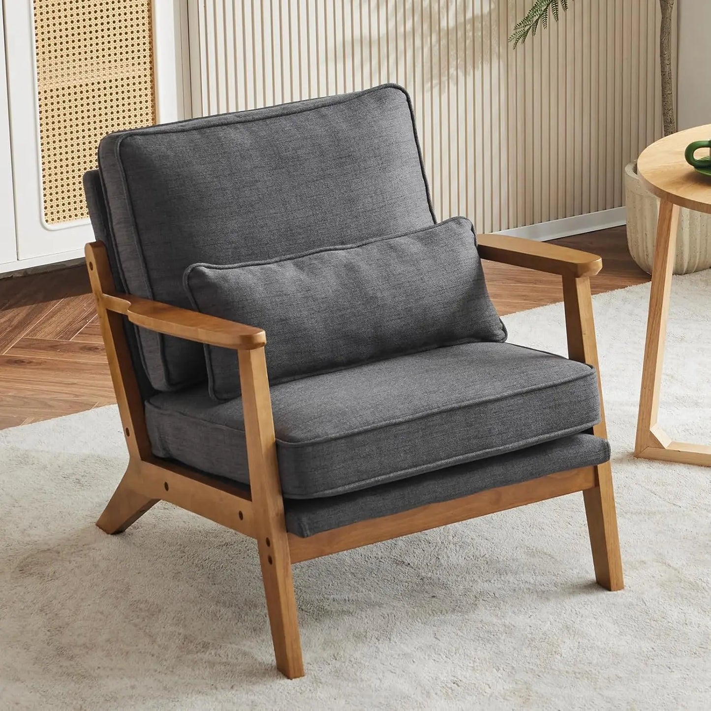 Accent Chair Wide Armrest Mid-Century Lounge Chair Teddy Fleece Armchair with Lumbar Pillow & Solid Wood Frame for Liv