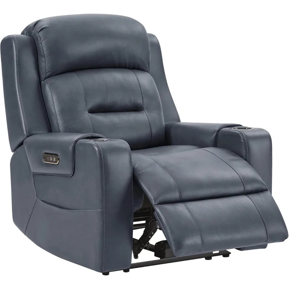 Genuine Leather Power Recliner Chairs for Adults, Lay Flat Recliner with Power Headrest, USB Ports and Cup Holders