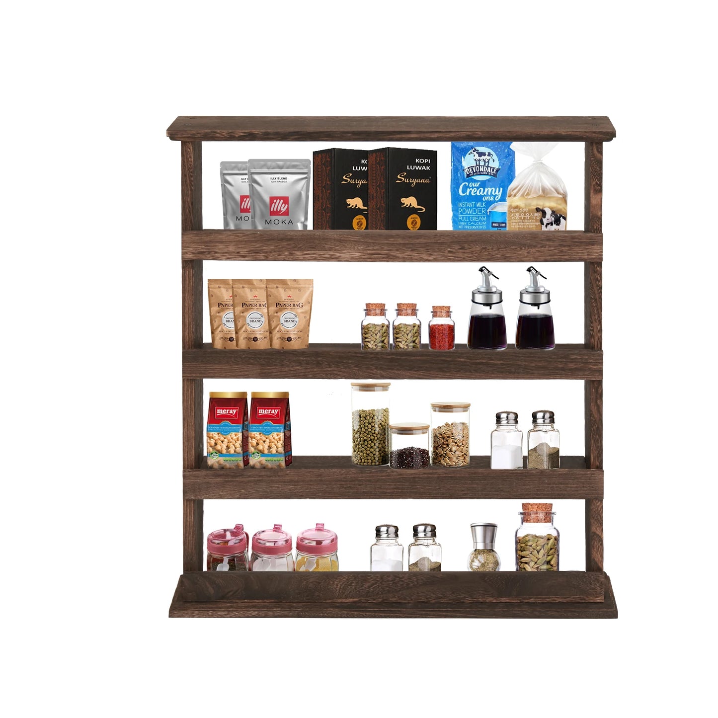 Floating Kitchen Shelf Wall Mounted Wooden Wall Shelf 4 Tier Spice Rack Flamed Organizer