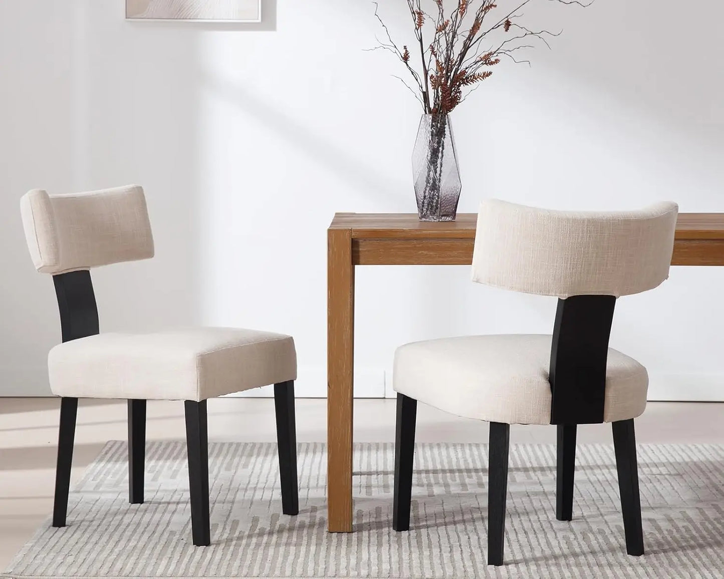 Mid Century Modern Dining Chairs Set of 6, Farmhouse Linen Fabric Upholstered Accent Curved Backrest Kitchen Chairs, with Ha