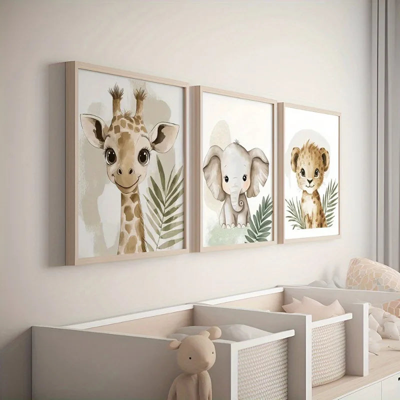 3pcs Safari & Jungle Animal Canvas Prints Set - Frameless Wall Art for Nursery, Living Room, Bedroom Decor, Safari Room Decor