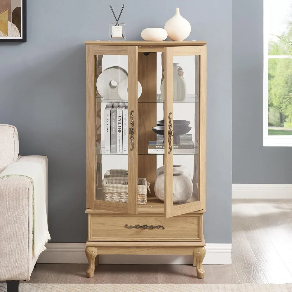 Lighted Curio Cabinet, 52" H Glass Display Cabinet with 3-Tier Adjustable Shelves, China Cabinet with Tempered Glass Doors for L