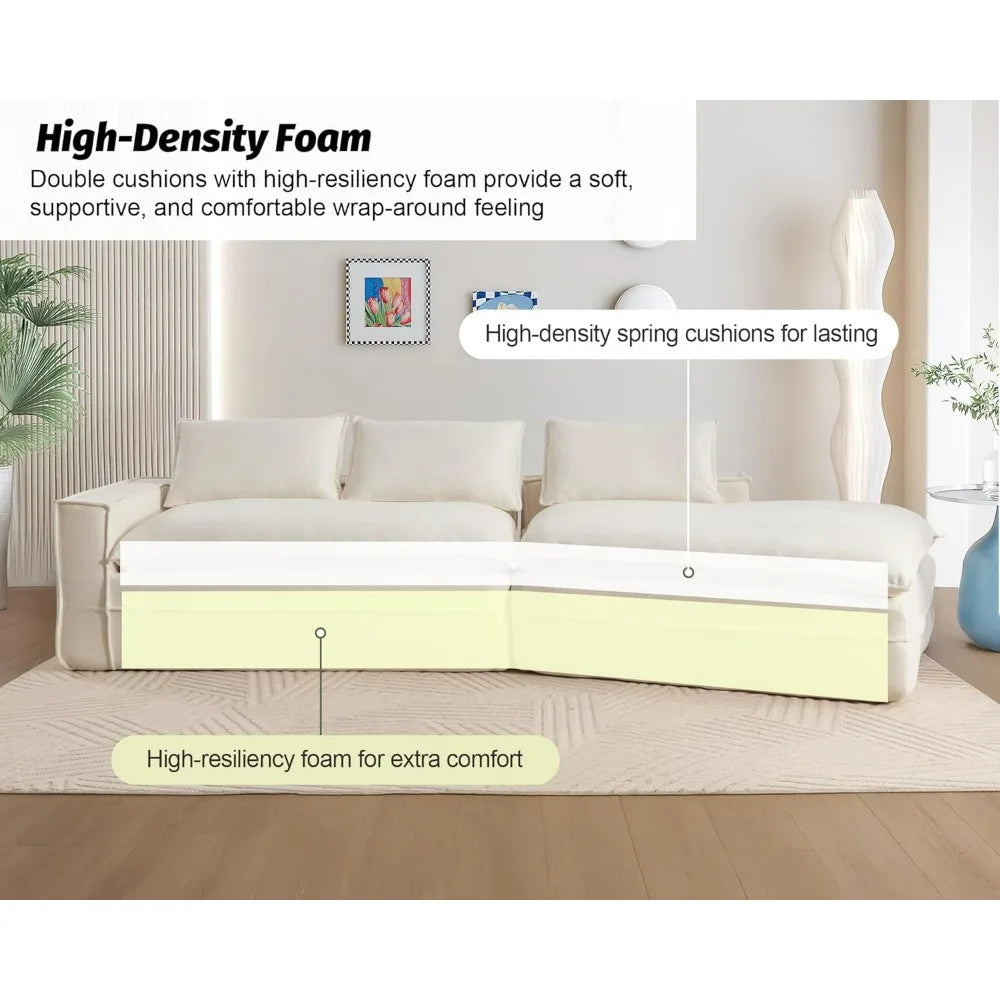 134" Fluffy Boneless Couch, Modular Deep Seat Sectional Sofa, Modern Corduroy Cloud Couch, Right Facing Chaise Sectional Couches